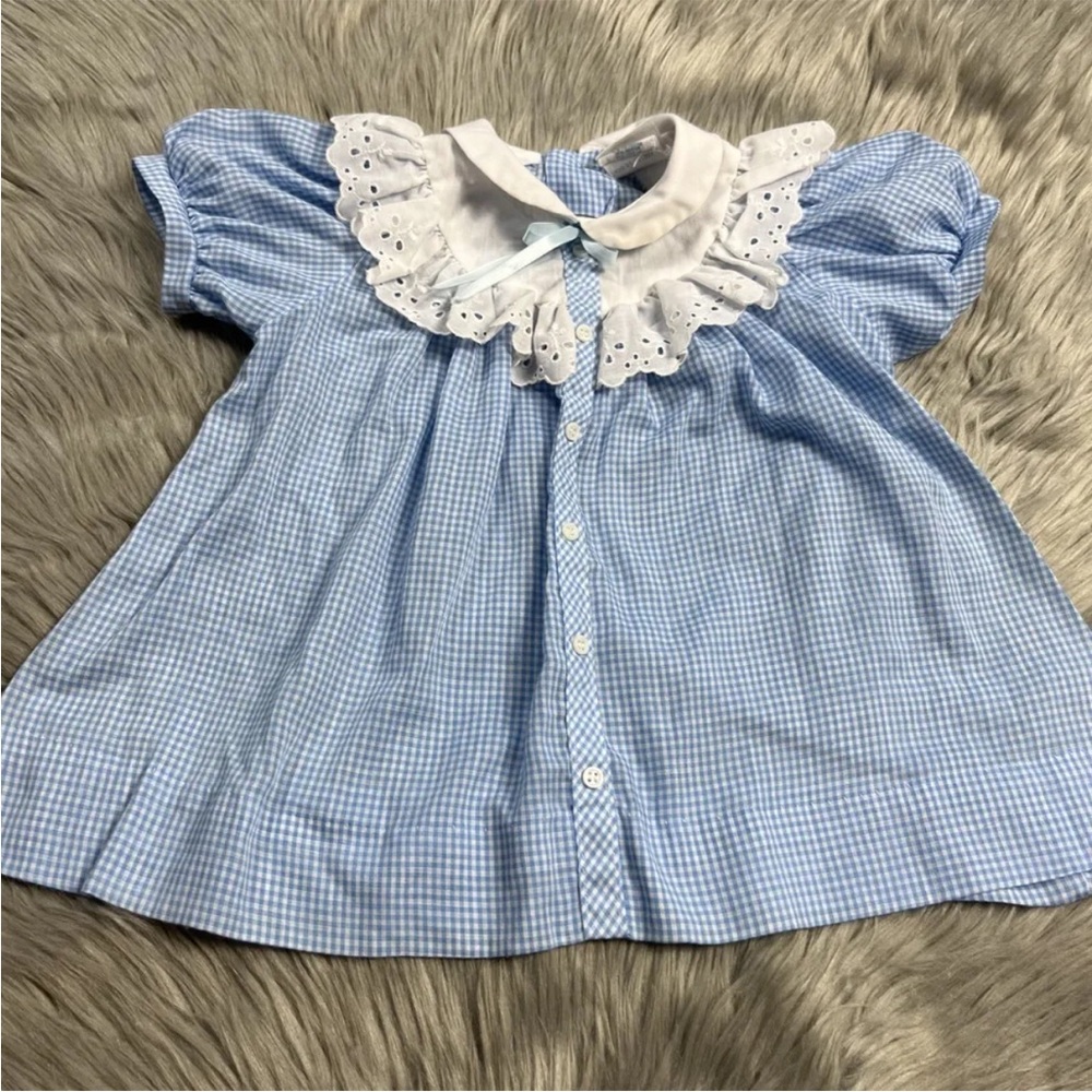 Vintage Cinderella Toddler Girls Blue White Gingham Lace Ruffle Dress